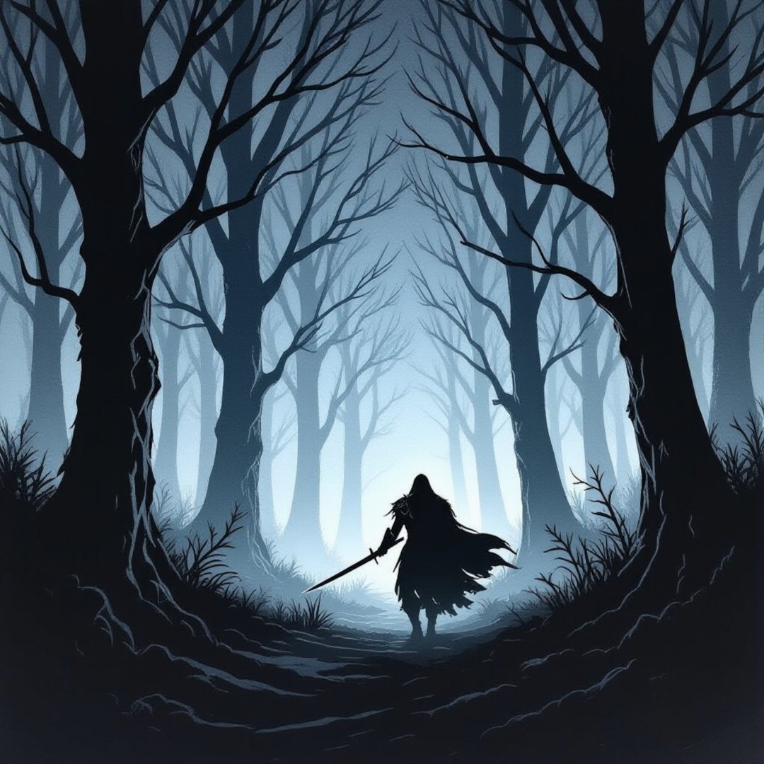 Trials of Beren 1 artwork: a swordsman in a blue forest.